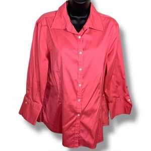 Large Kirkland Coral Peach Orange Pink Button Up Top Stretch Cotton Blend